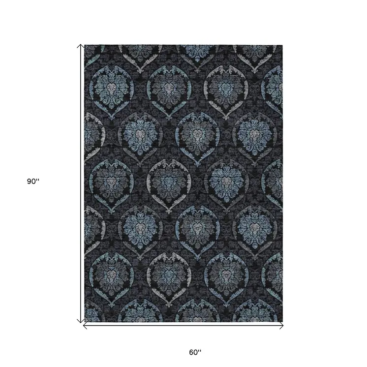 5' X 8' Blue Charcoal And Gray Medallion Washable Indoor Outdoor Area Rug
