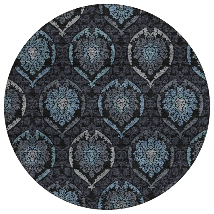 8' Blue Charcoal And Gray Round Medallion Washable Indoor Outdoor Area Rug