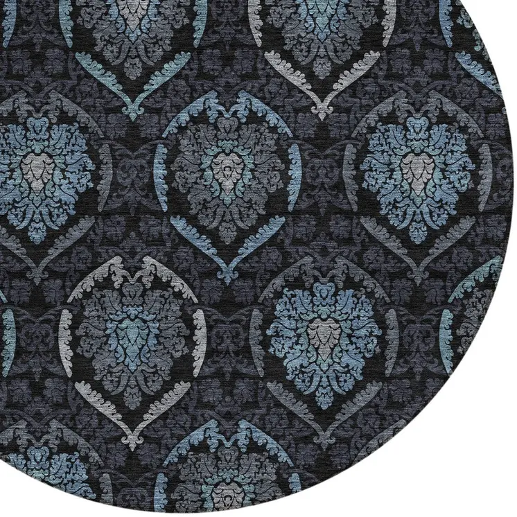 8' Blue Charcoal And Gray Round Medallion Washable Indoor Outdoor Area Rug