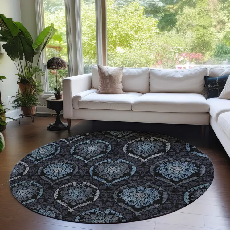 8' Blue Charcoal And Gray Round Medallion Washable Indoor Outdoor Area Rug