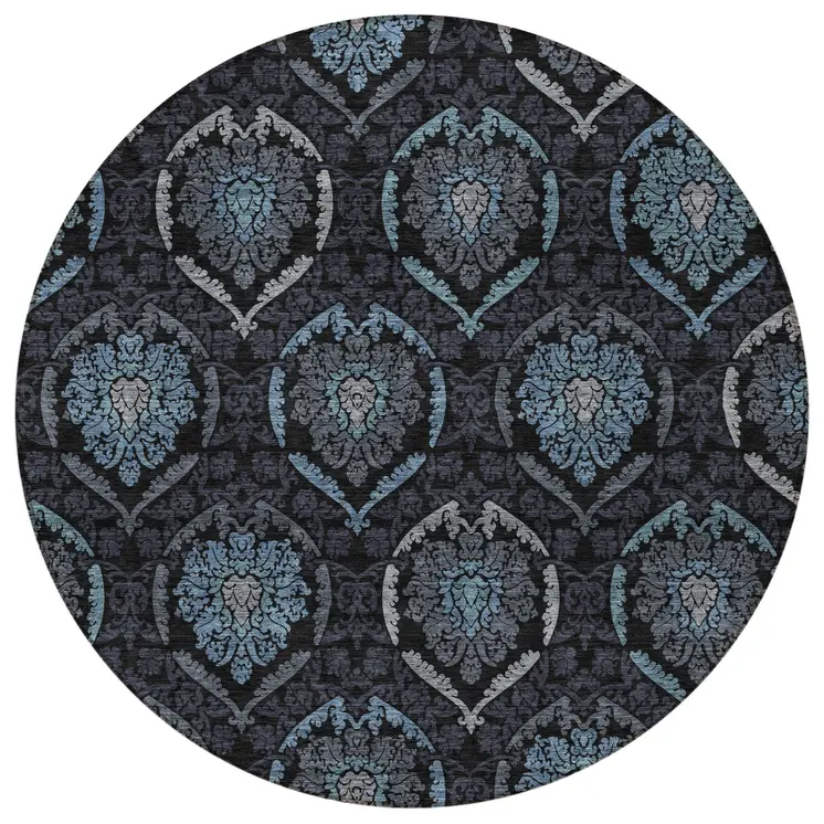8' Blue Charcoal And Gray Round Medallion Washable Indoor Outdoor Area Rug
