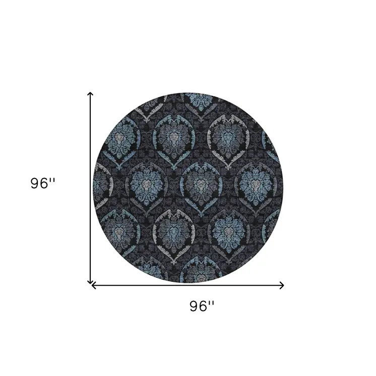 8' Blue Charcoal And Gray Round Medallion Washable Indoor Outdoor Area Rug