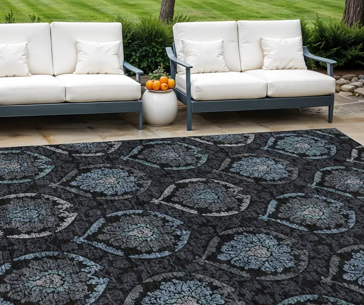 9' X 12' Blue Charcoal And Gray Medallion Washable Indoor Outdoor Area Rug
