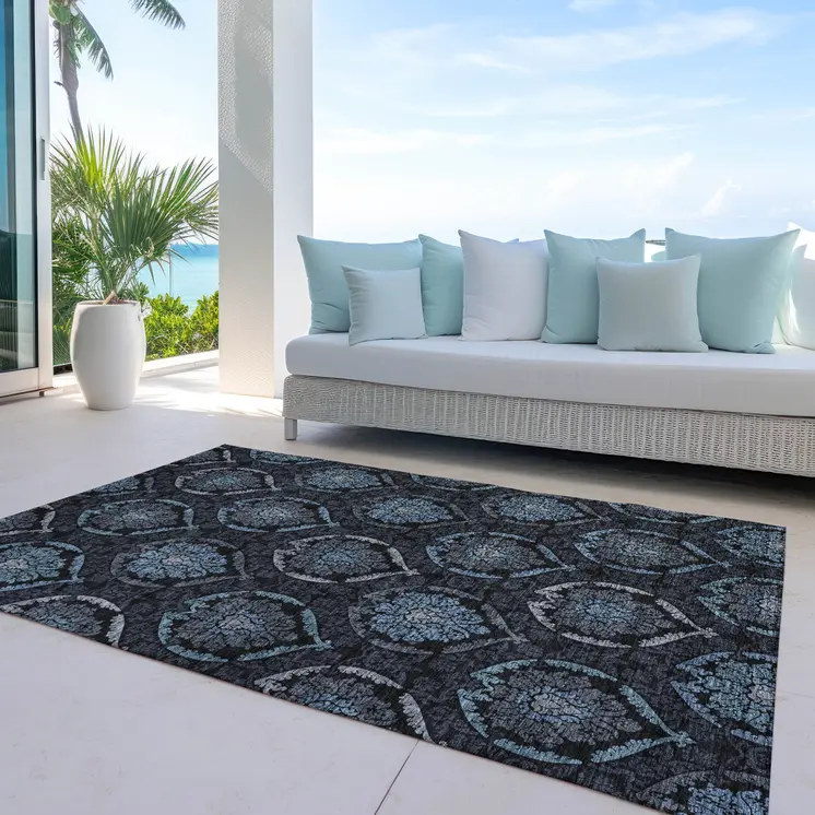 9' X 12' Blue Charcoal And Gray Medallion Washable Indoor Outdoor Area Rug