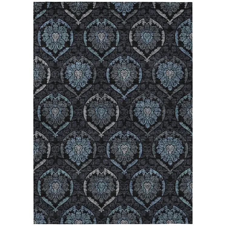 9' X 12' Blue Charcoal And Gray Medallion Washable Indoor Outdoor Area Rug
