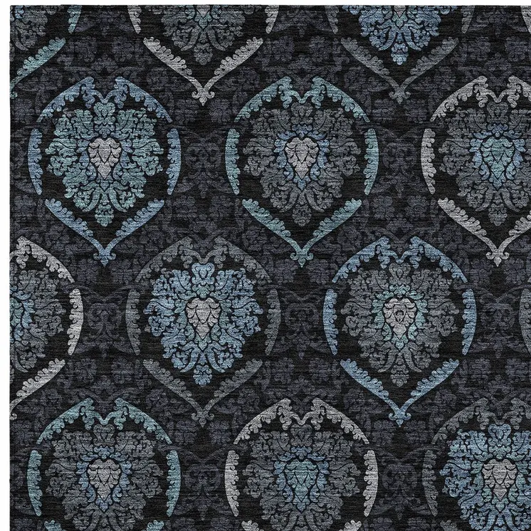 9' X 12' Blue Charcoal And Gray Medallion Washable Indoor Outdoor Area Rug