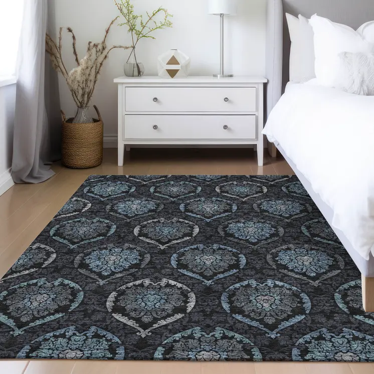 10' X 14' Blue Charcoal And Gray Medallion Washable Indoor Outdoor Area Rug