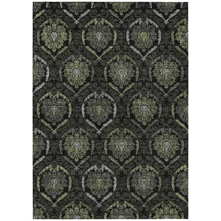 3' X 5' Green Gray And Charcoal Medallion Washable Indoor Outdoor Area Rug