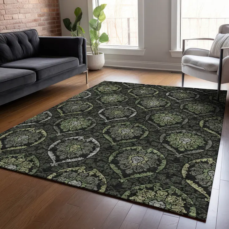 3' X 5' Green Gray And Charcoal Medallion Washable Indoor Outdoor Area Rug