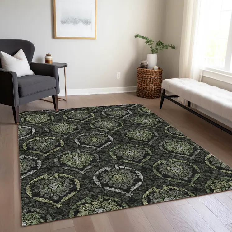 3' X 5' Green Gray And Charcoal Medallion Washable Indoor Outdoor Area Rug