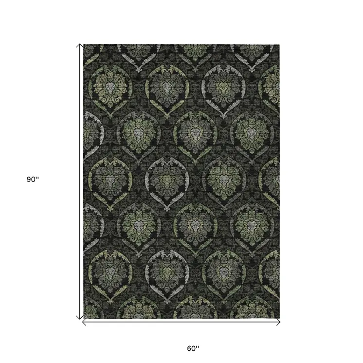 5' X 8' Green Gray And Charcoal Medallion Washable Indoor Outdoor Area Rug