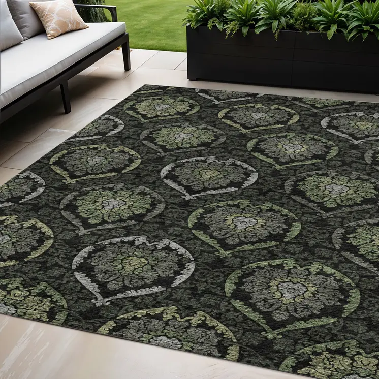 5' X 8' Green Gray And Charcoal Medallion Washable Indoor Outdoor Area Rug