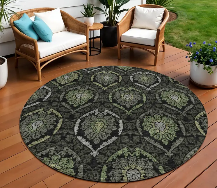 8' Green Gray And Charcoal Round Medallion Washable Indoor Outdoor Area Rug