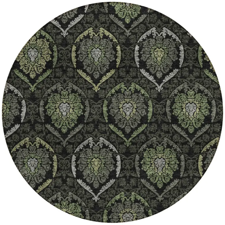 8' Green Gray And Charcoal Round Medallion Washable Indoor Outdoor Area Rug