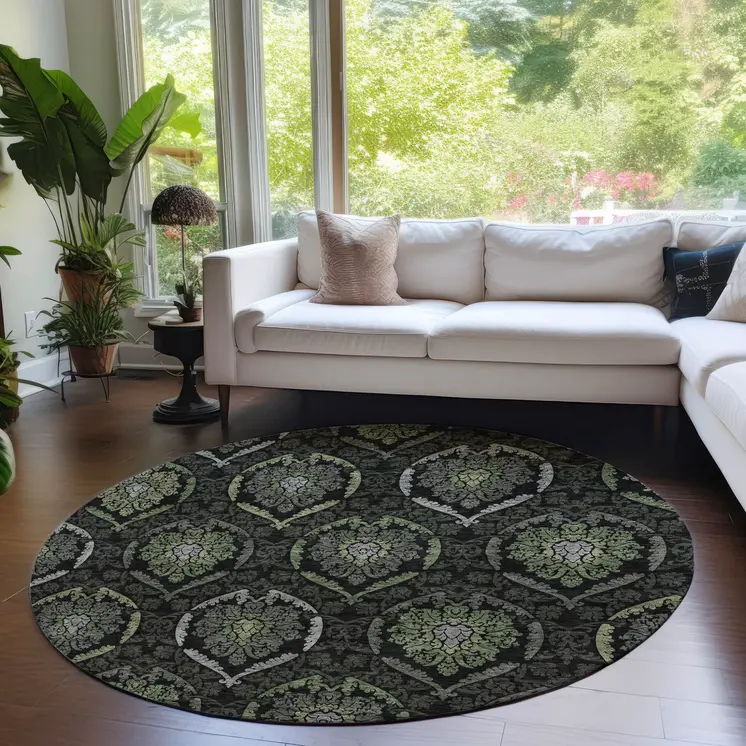 8' Green Gray And Charcoal Round Medallion Washable Indoor Outdoor Area Rug