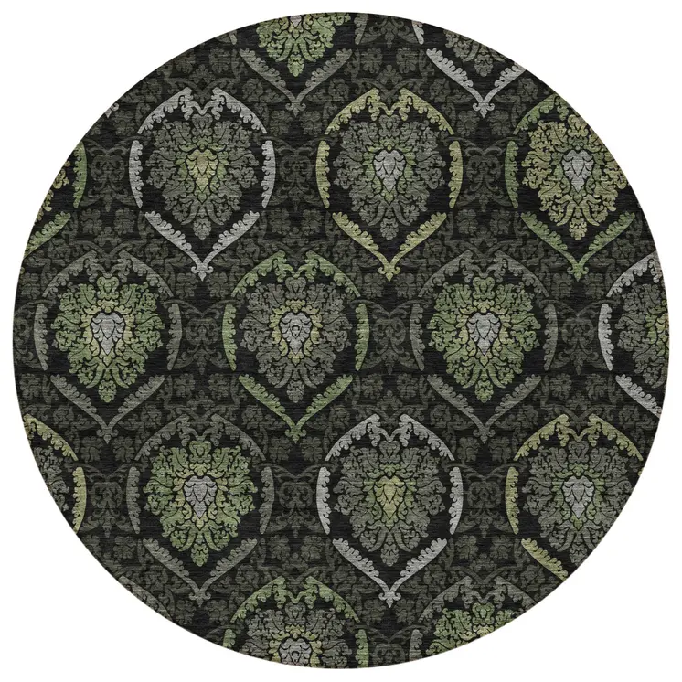 8' Green Gray And Charcoal Round Medallion Washable Indoor Outdoor Area Rug