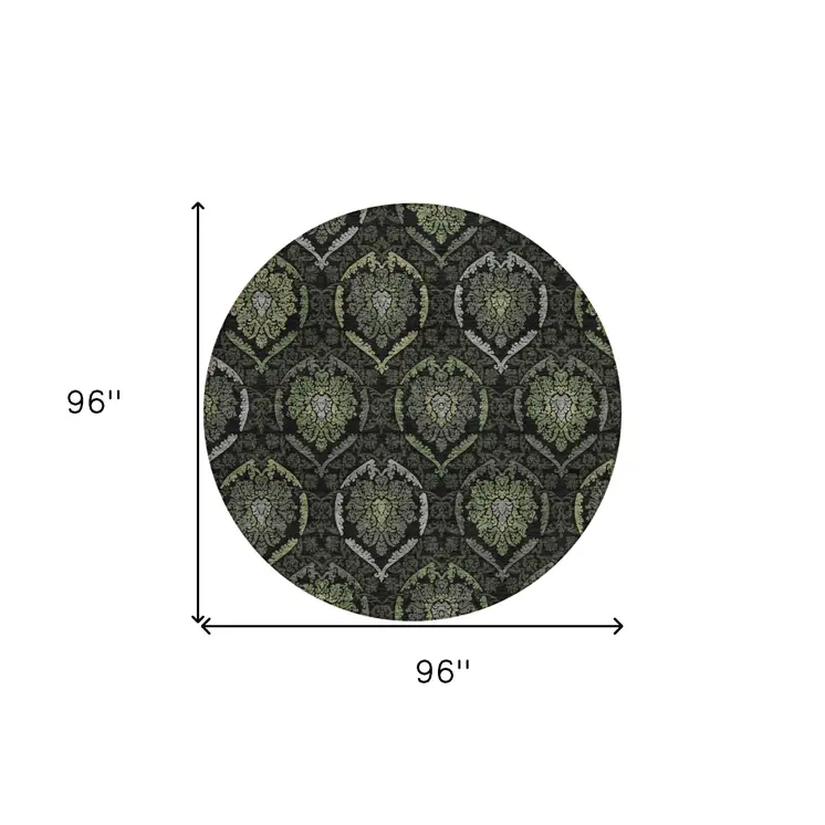 8' Green Gray And Charcoal Round Medallion Washable Indoor Outdoor Area Rug