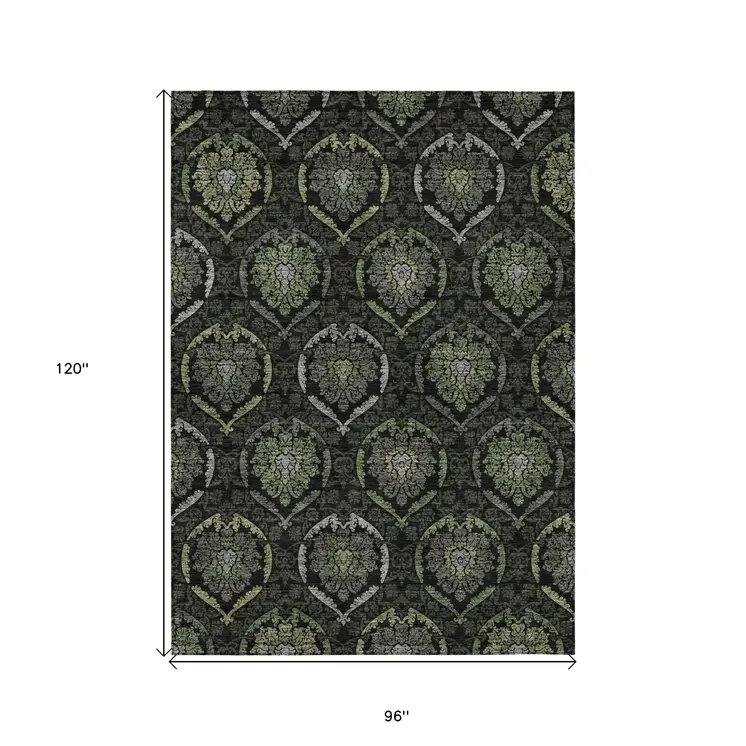 8' X 10' Green Gray And Charcoal Medallion Washable Indoor Outdoor Area Rug