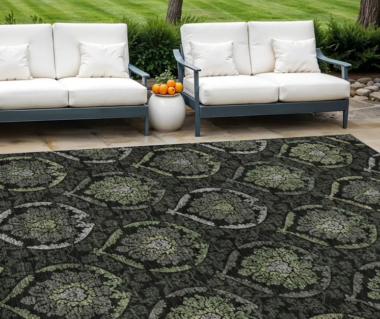 8' X 10' Green Gray And Charcoal Medallion Washable Indoor Outdoor Area Rug