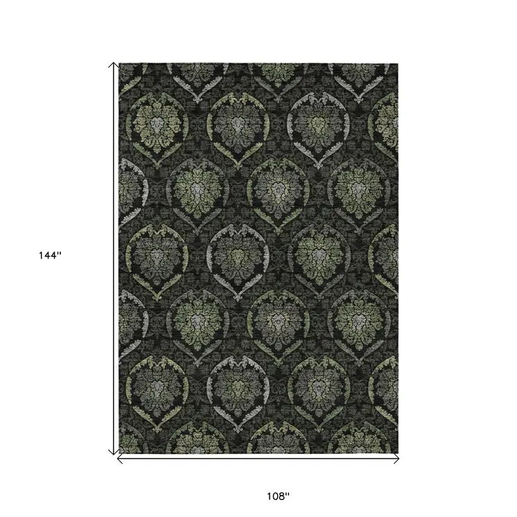 9' X 12' Green Gray And Charcoal Medallion Washable Indoor Outdoor Area Rug