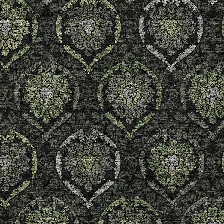9' X 12' Green Gray And Charcoal Medallion Washable Indoor Outdoor Area Rug