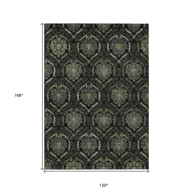 10' X 14' Green Gray And Charcoal Medallion Washable Indoor Outdoor Area Rug