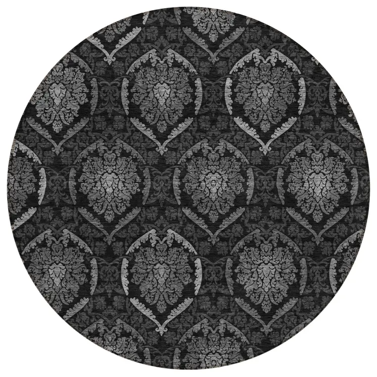 8' Gray Charcoal And Silver Round Medallion Washable Indoor Outdoor Area Rug