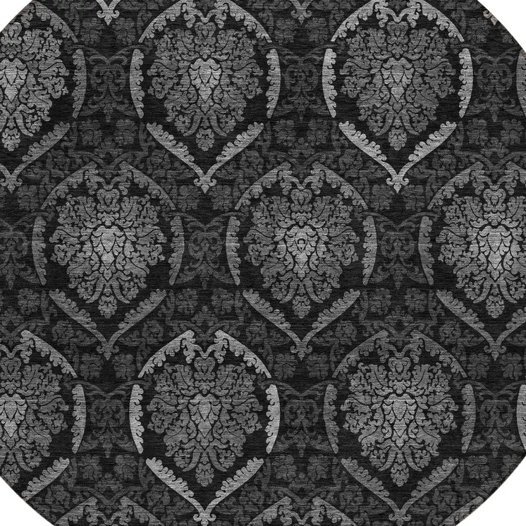 8' Gray Charcoal And Silver Round Medallion Washable Indoor Outdoor Area Rug