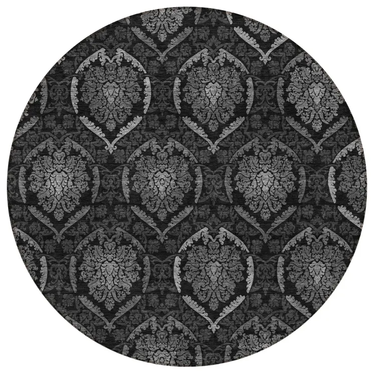 8' Gray Charcoal And Silver Round Medallion Washable Indoor Outdoor Area Rug
