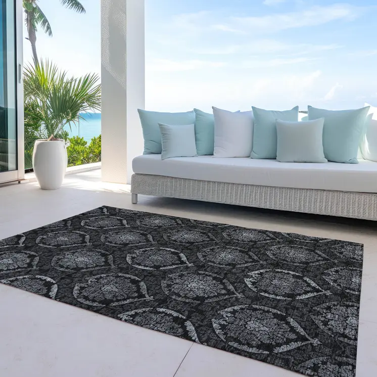 8' X 10' Gray Charcoal And Silver Medallion Washable Indoor Outdoor Area Rug