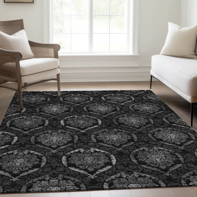 8' X 10' Gray Charcoal And Silver Medallion Washable Indoor Outdoor Area Rug