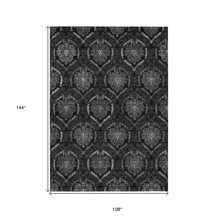 9' X 12' Gray Charcoal And Silver Medallion Washable Indoor Outdoor Area Rug
