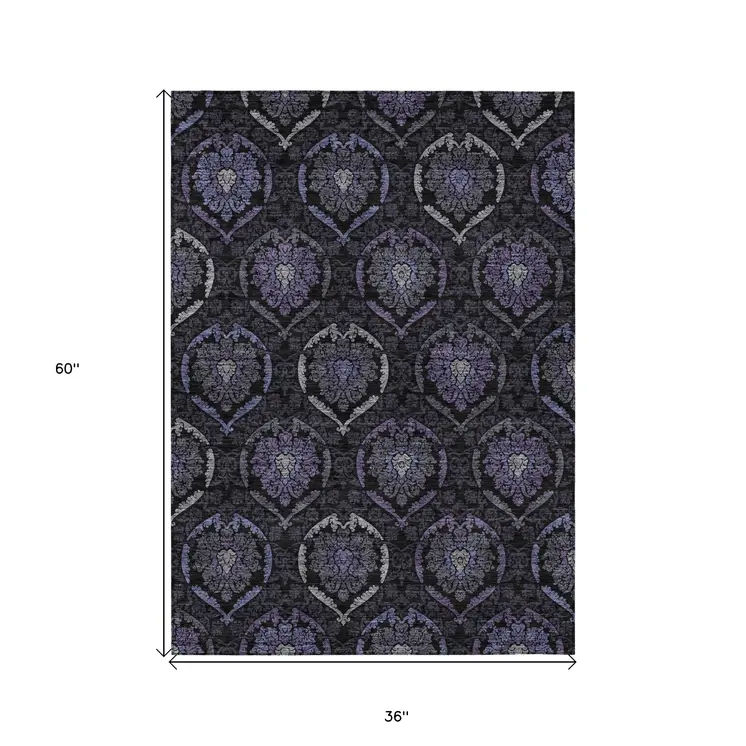 3' X 5' Purple Charcoal And Gray Medallion Washable Indoor Outdoor Area Rug