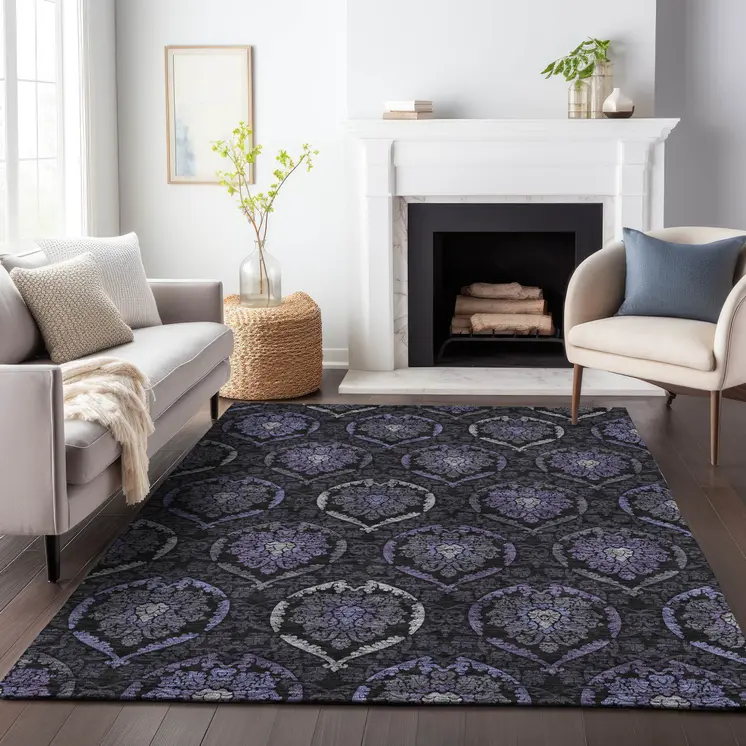 3' X 5' Purple Charcoal And Gray Medallion Washable Indoor Outdoor Area Rug