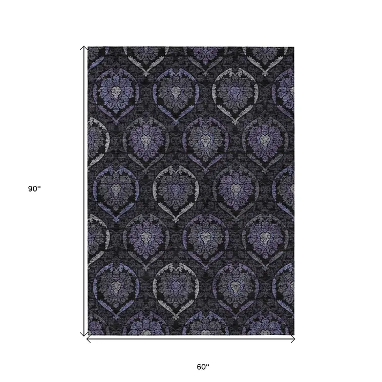 5' X 8' Purple Charcoal And Gray Medallion Washable Indoor Outdoor Area Rug