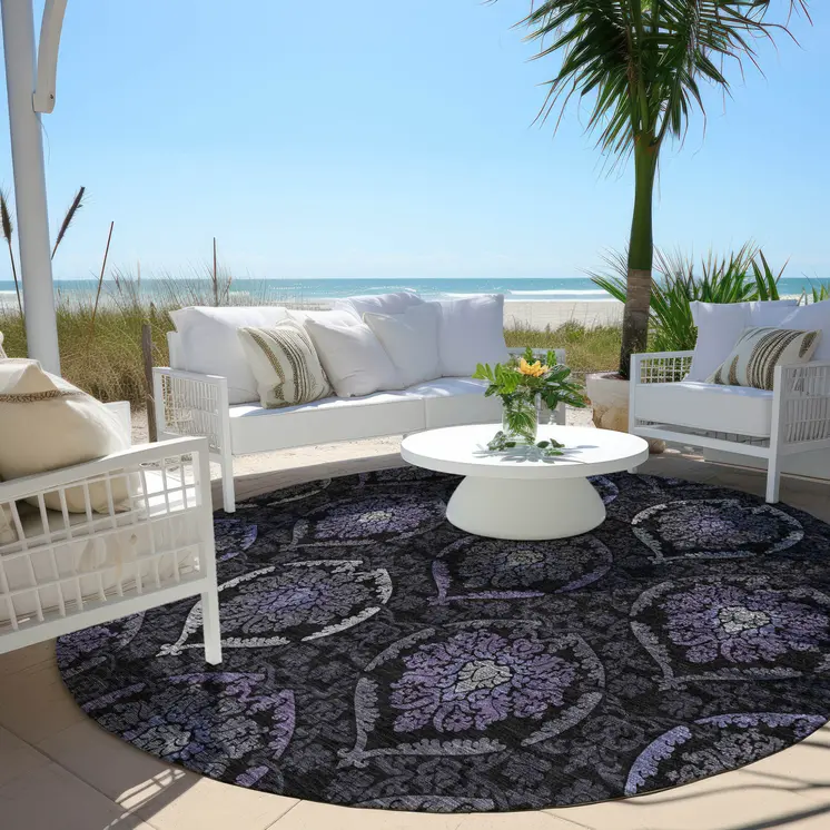 8' Purple Charcoal And Gray Round Medallion Washable Indoor Outdoor Area Rug