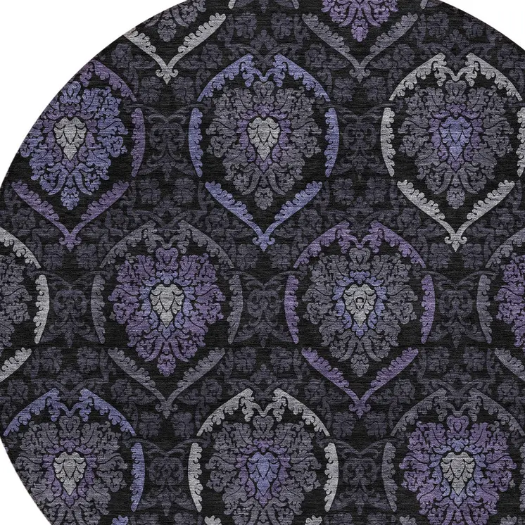 8' Purple Charcoal And Gray Round Medallion Washable Indoor Outdoor Area Rug