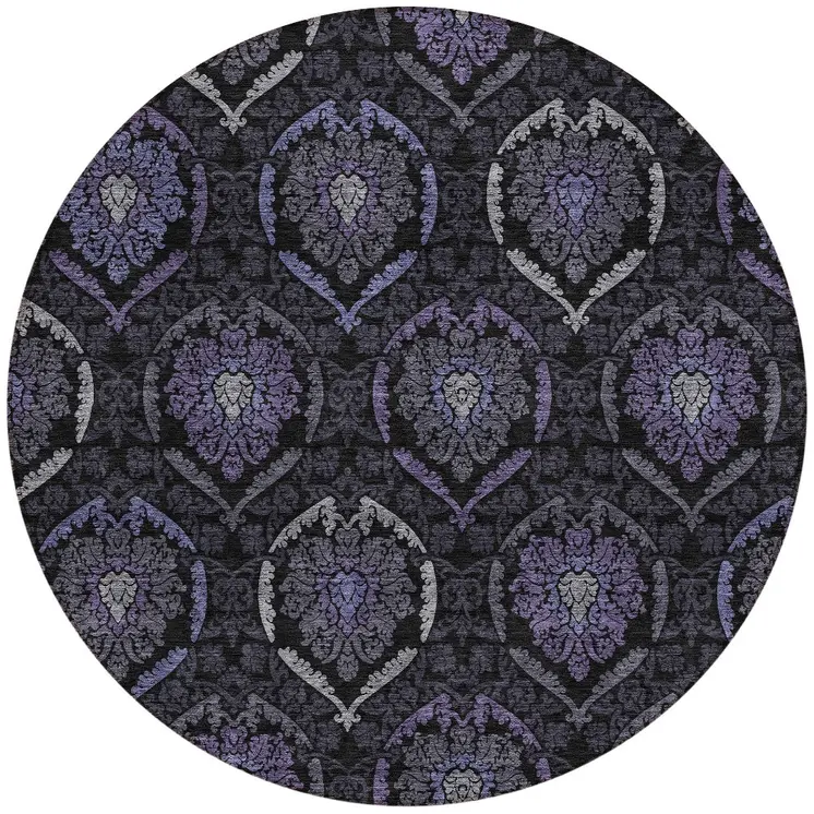 8' Purple Charcoal And Gray Round Medallion Washable Indoor Outdoor Area Rug