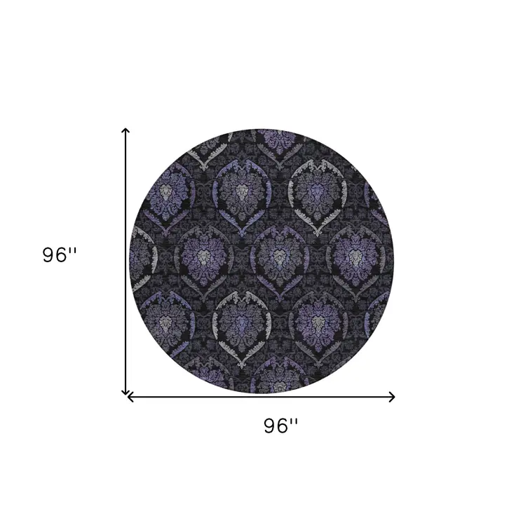 8' Purple Charcoal And Gray Round Medallion Washable Indoor Outdoor Area Rug