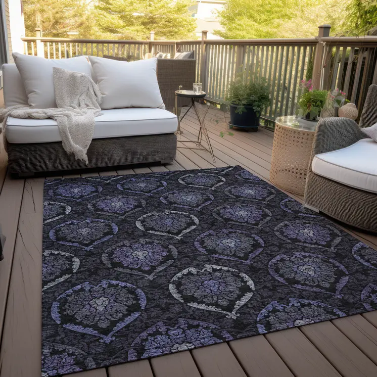 8' X 10' Purple Charcoal And Gray Medallion Washable Indoor Outdoor Area Rug