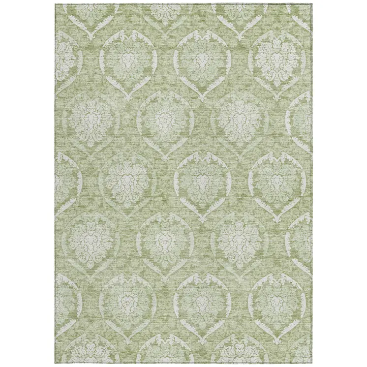5' X 8' Artichoke Green And Ivory Medallion Washable Indoor Outdoor Area Rug