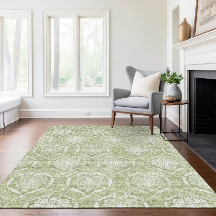 5' X 8' Artichoke Green And Ivory Medallion Washable Indoor Outdoor Area Rug