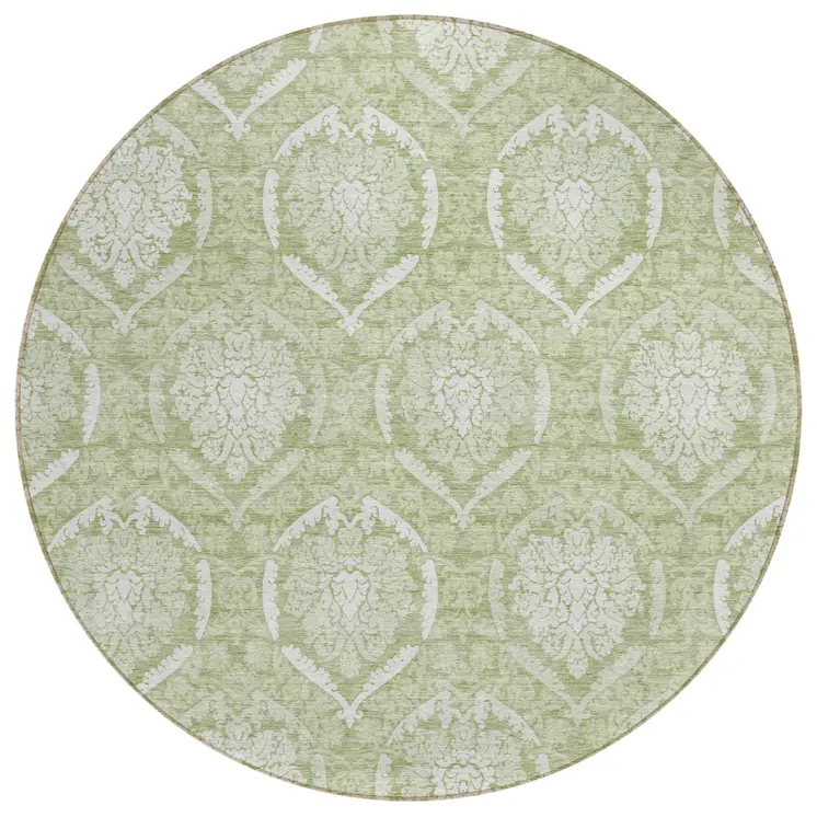 8' Artichoke Green And Ivory Round Medallion Washable Indoor Outdoor Area Rug