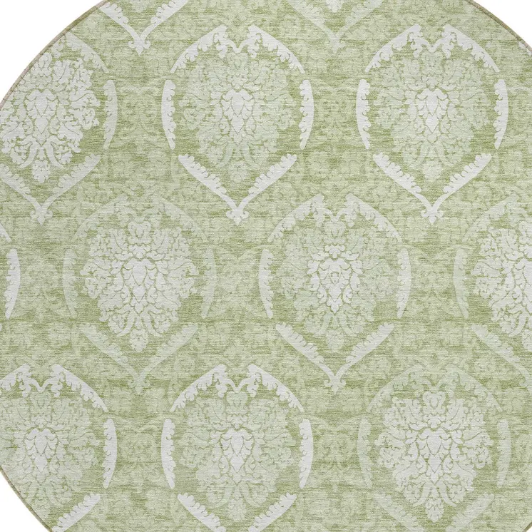8' Artichoke Green And Ivory Round Medallion Washable Indoor Outdoor Area Rug