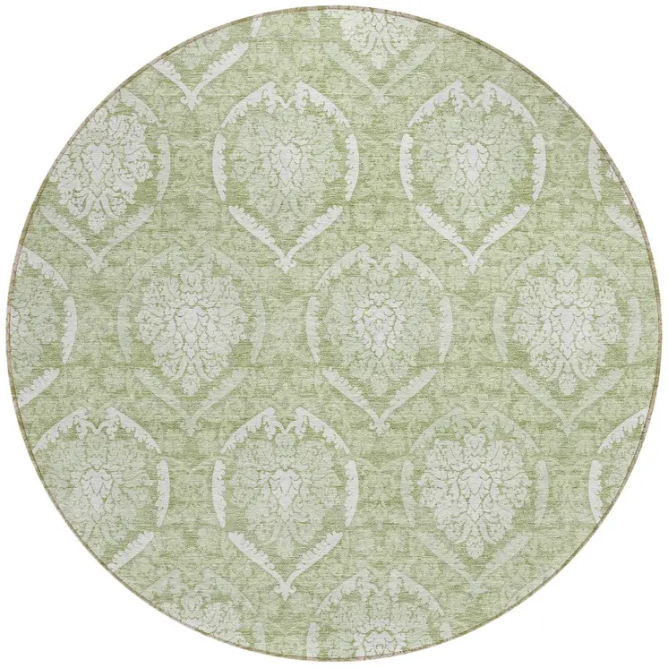 8' Artichoke Green And Ivory Round Medallion Washable Indoor Outdoor Area Rug