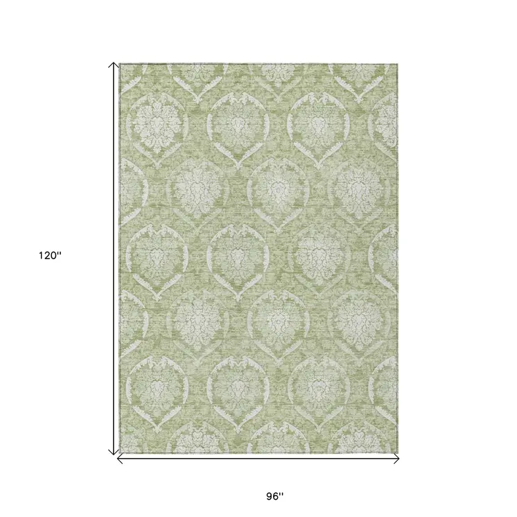 8' X 10' Artichoke Green And Ivory Medallion Washable Indoor Outdoor Area Rug