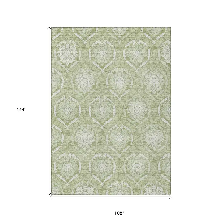 9' X 12' Artichoke Green And Ivory Medallion Washable Indoor Outdoor Area Rug