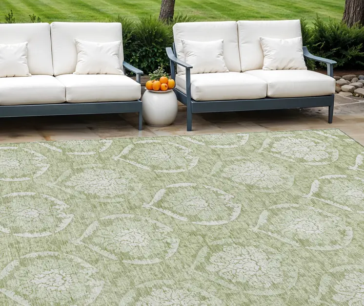 9' X 12' Artichoke Green And Ivory Medallion Washable Indoor Outdoor Area Rug