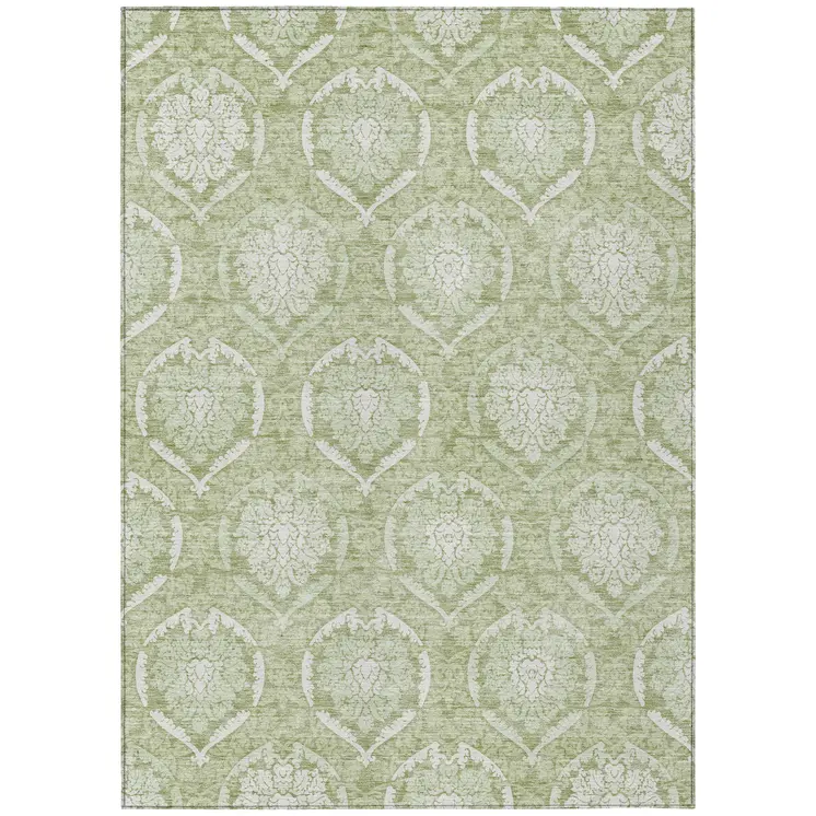 9' X 12' Artichoke Green And Ivory Medallion Washable Indoor Outdoor Area Rug