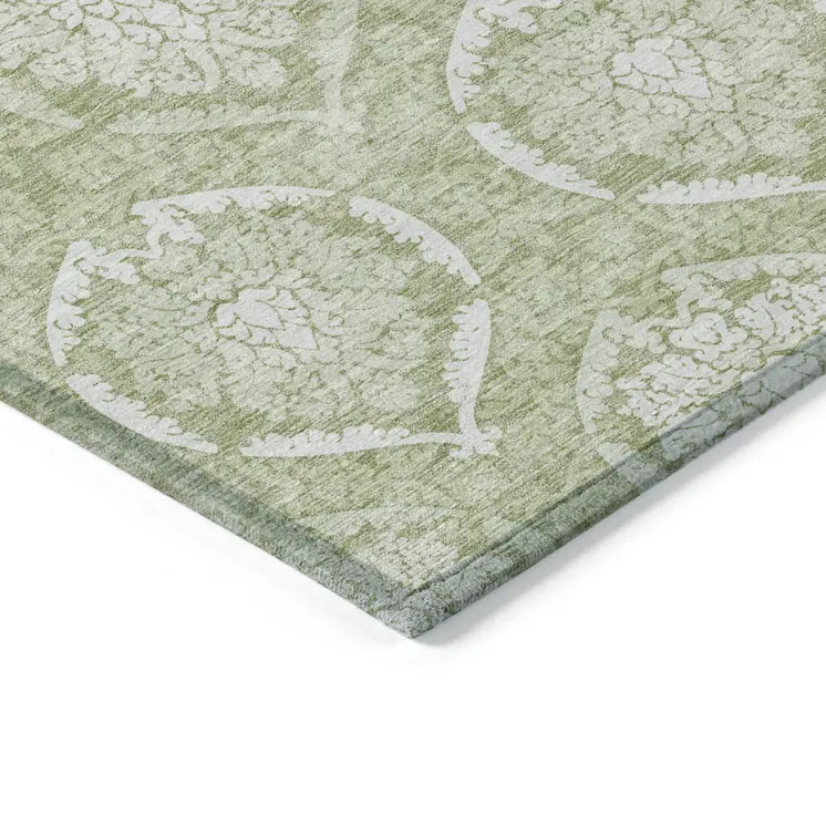 9' X 12' Artichoke Green And Ivory Medallion Washable Indoor Outdoor Area Rug